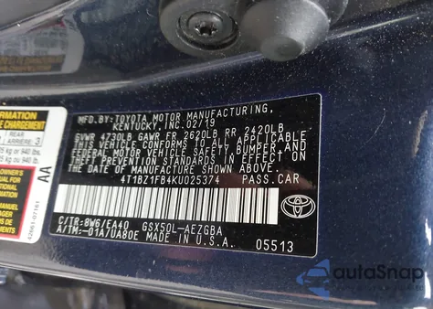 2019 Toyota Avalon Xle из США, поврежденный, VIN 4T1BZ1FB4KU025374